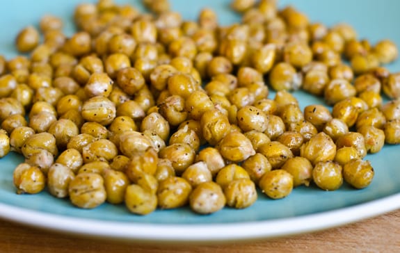 Roasted chickpeas on a plate.