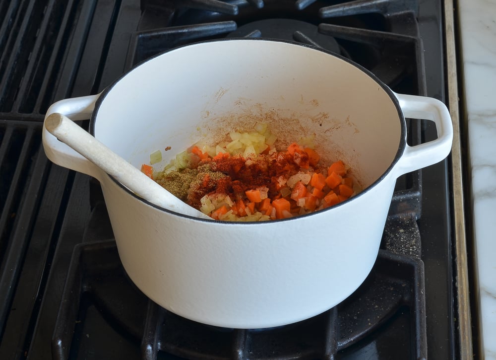 Pot of vegetables and spices.