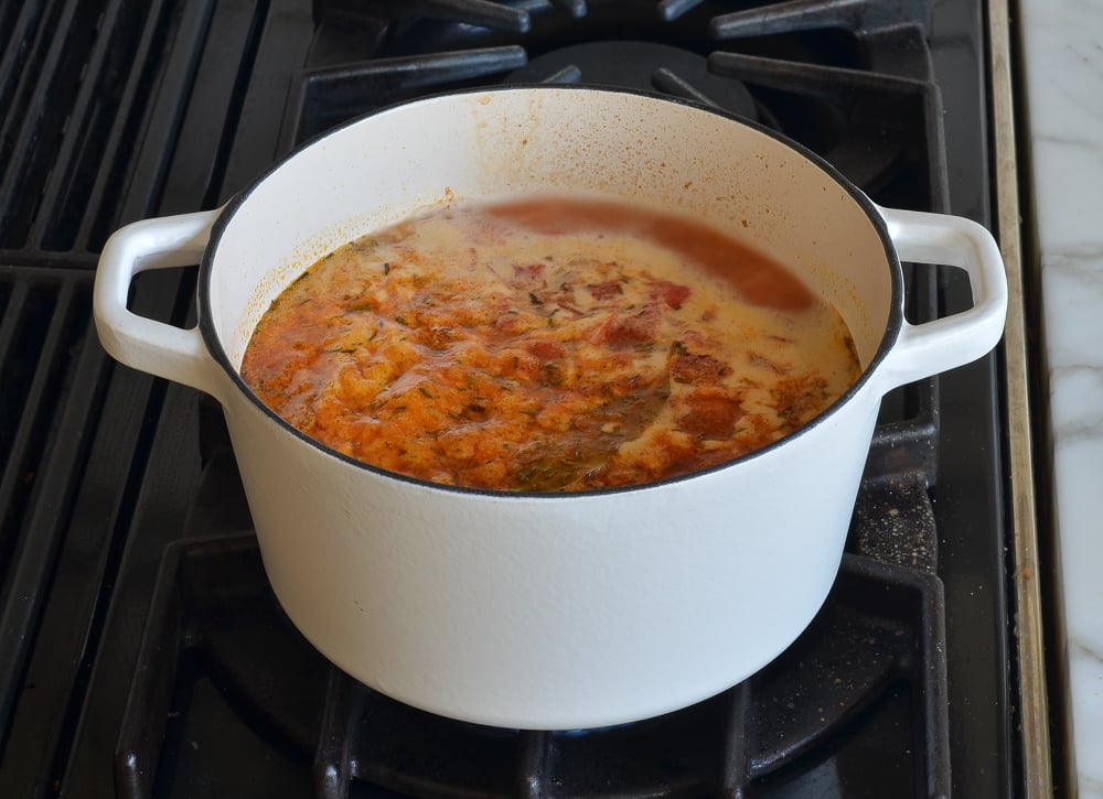 Simmering pot of soup.