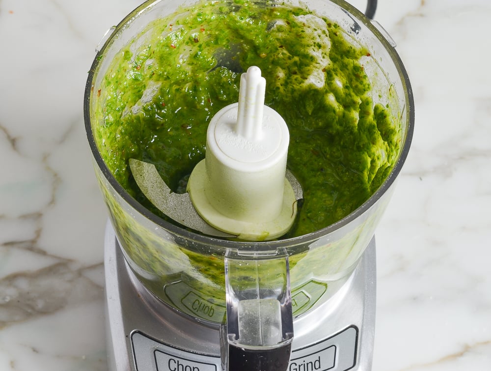 blended pesto in food processor