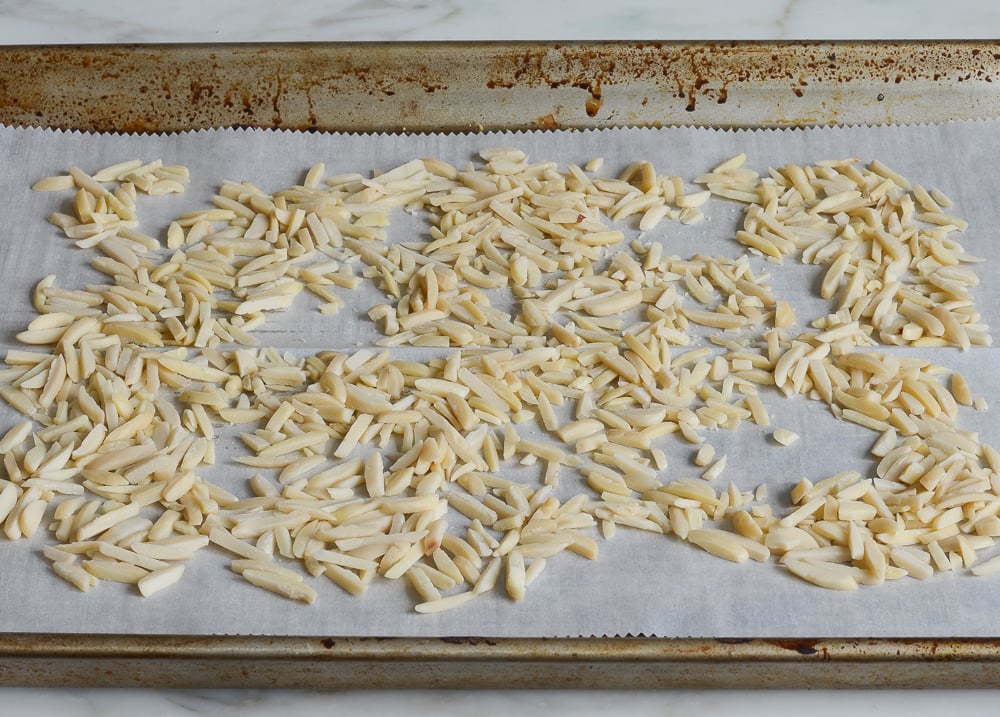 almonds on baking sheet