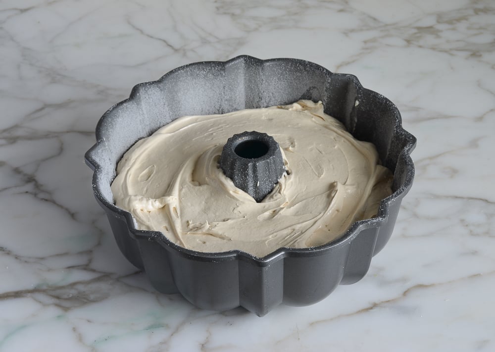 batter in greased and floured Bundt pan