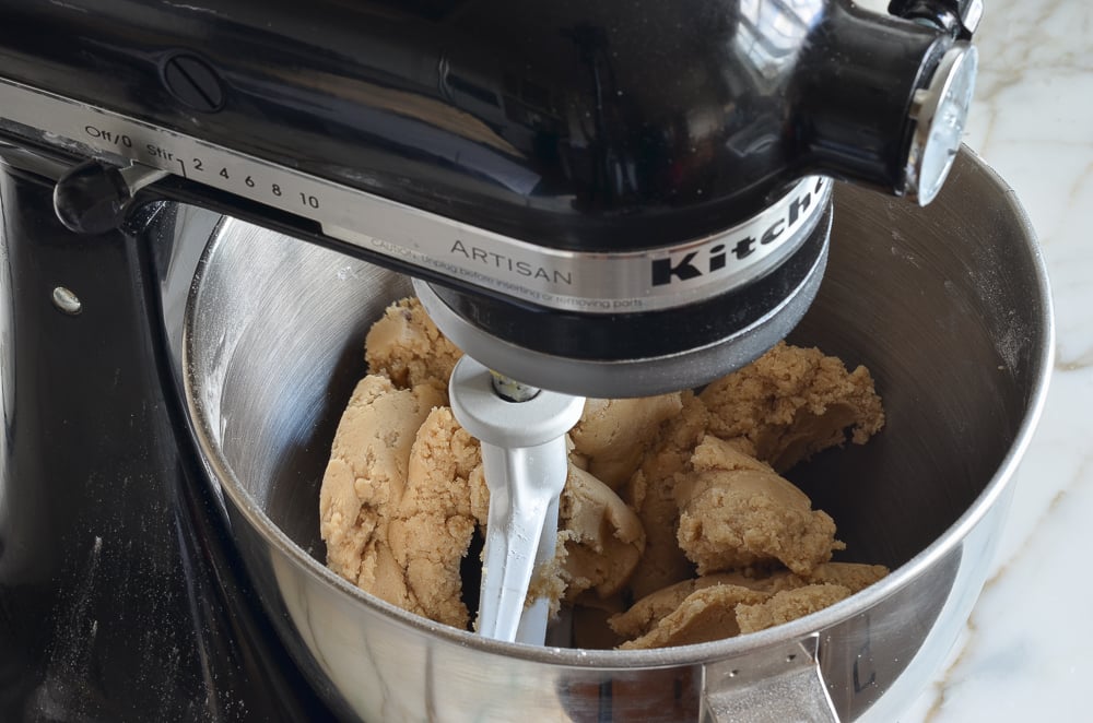 Butter mixed in with other ingredients in mixer to make rum cake
