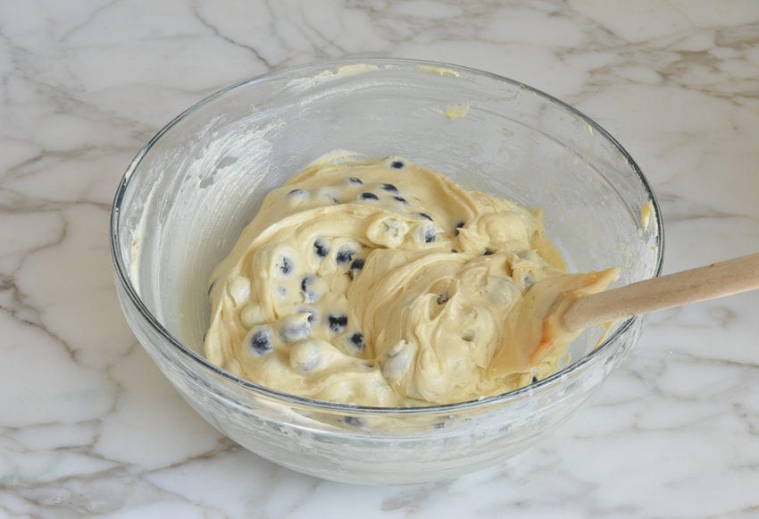 Bowl of blueberry muffin batter.