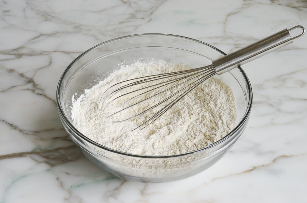 whisked dry ingredients in mixing bowl