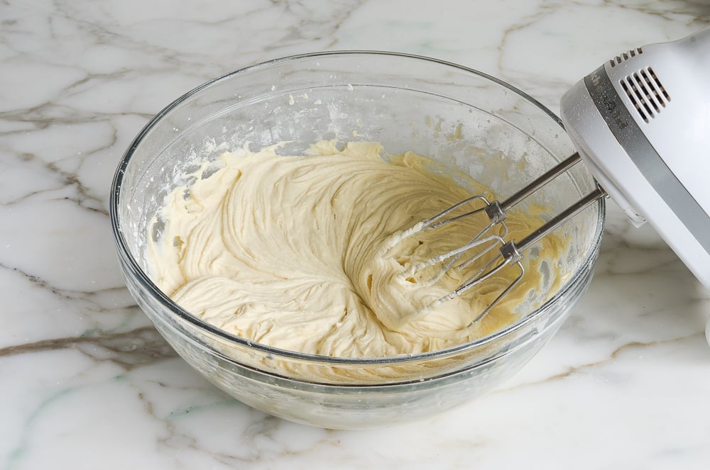 finished strawberry cake batter in mixing bowl