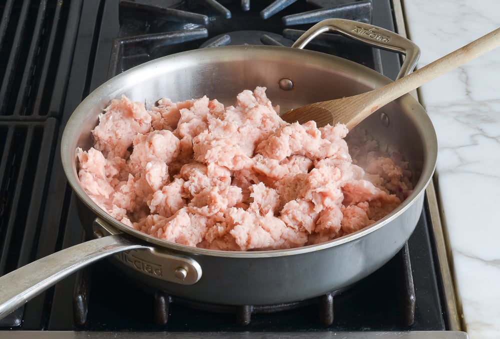 adding the ground chicken