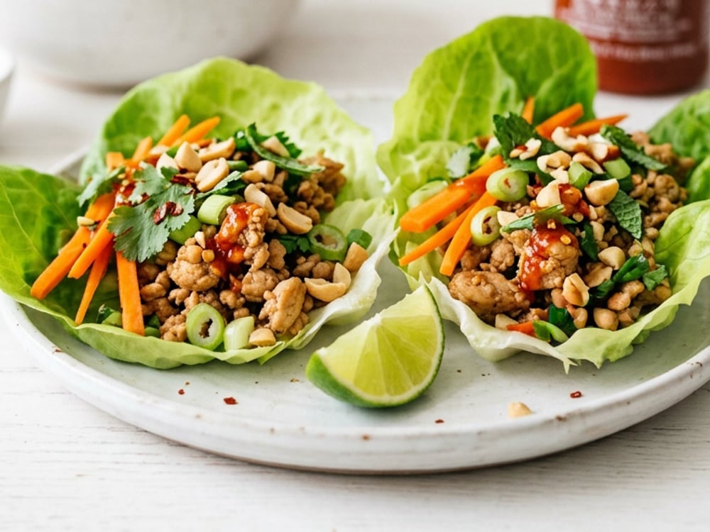 Thai chicken lettuce wraps on white plate.