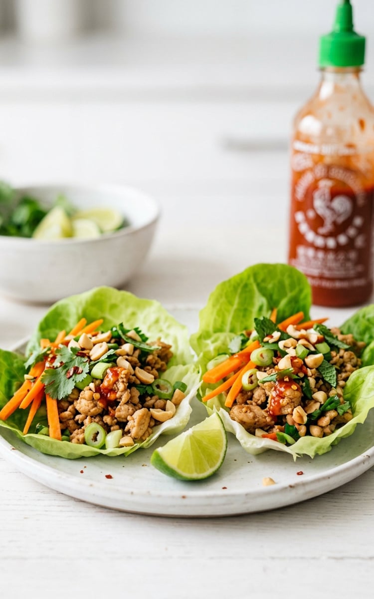 Thai chicken lettuce wraps on white plate with Sriracha bottle