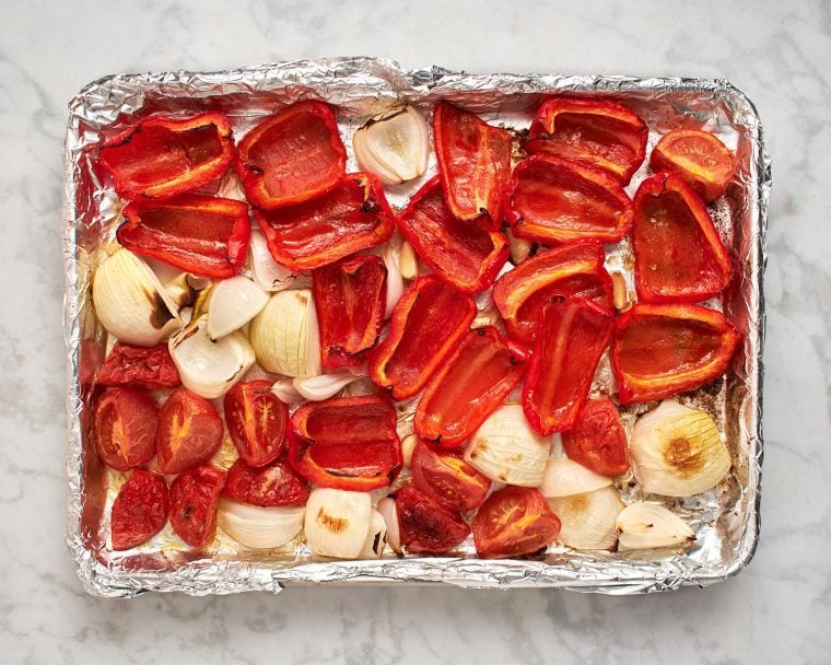 roasted vegetables on baking sheet