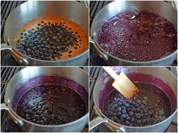 Collage of blueberry maple syrup in a pot.