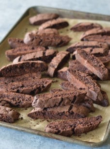 Double Chocolate Biscotti on a lined baking sheet.