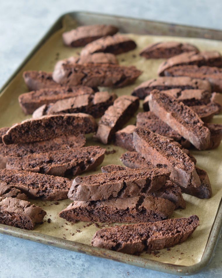 Chocolate Biscotti on baking sheet.