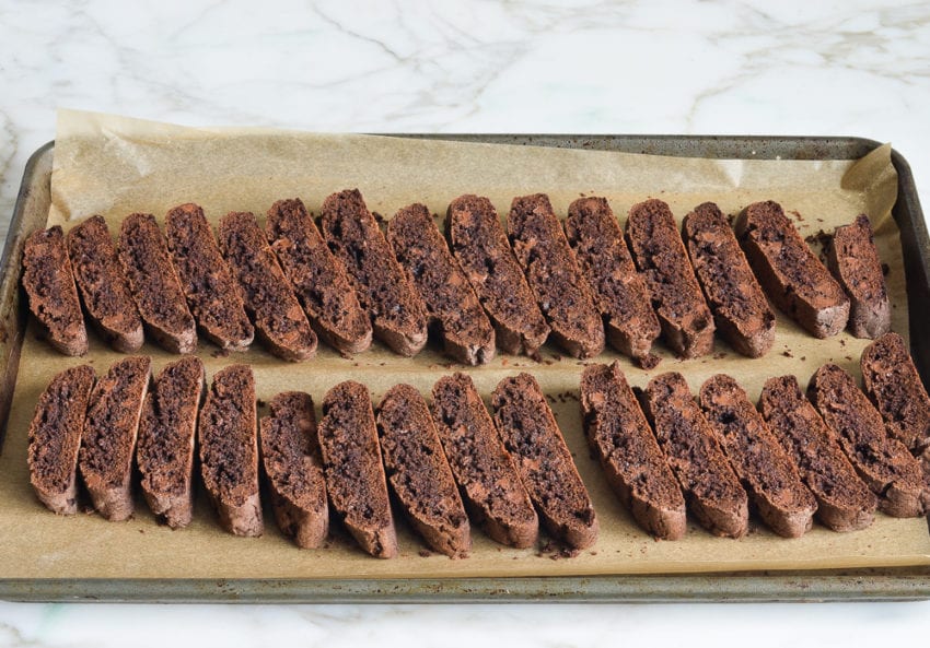 Sliced loaves of double chocolate biscotti.