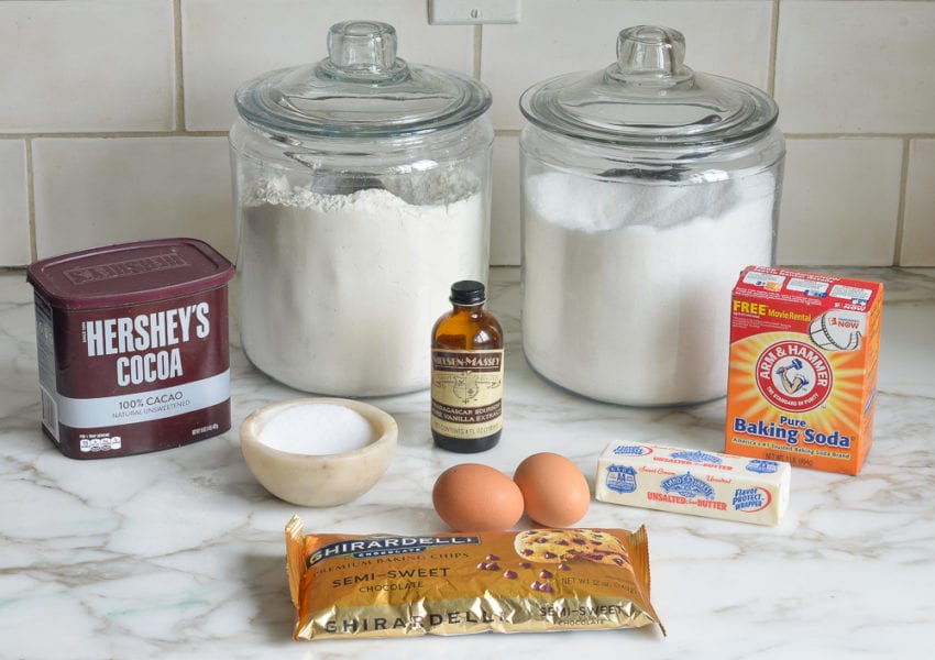 Biscotti ingredients including baking soda, cocoa, and vanilla.