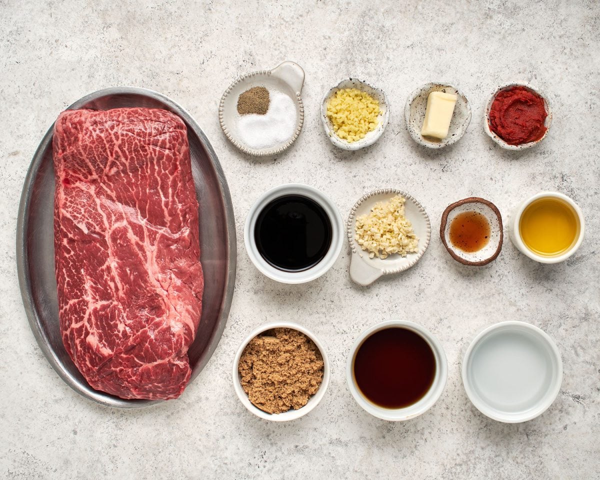 ingredients to make broiled flat iron steak with soy ginger sauce