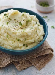 Blue bowl of cauliflower puree.