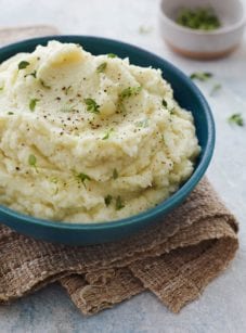 Blue bowl of cauliflower puree.