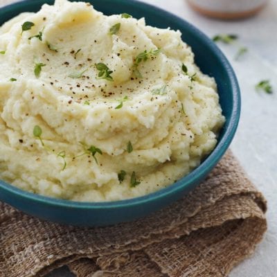 Blue bowl of cauliflower puree.