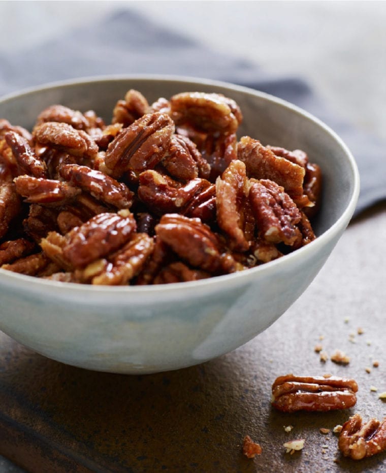 Bowl of candied pecans.