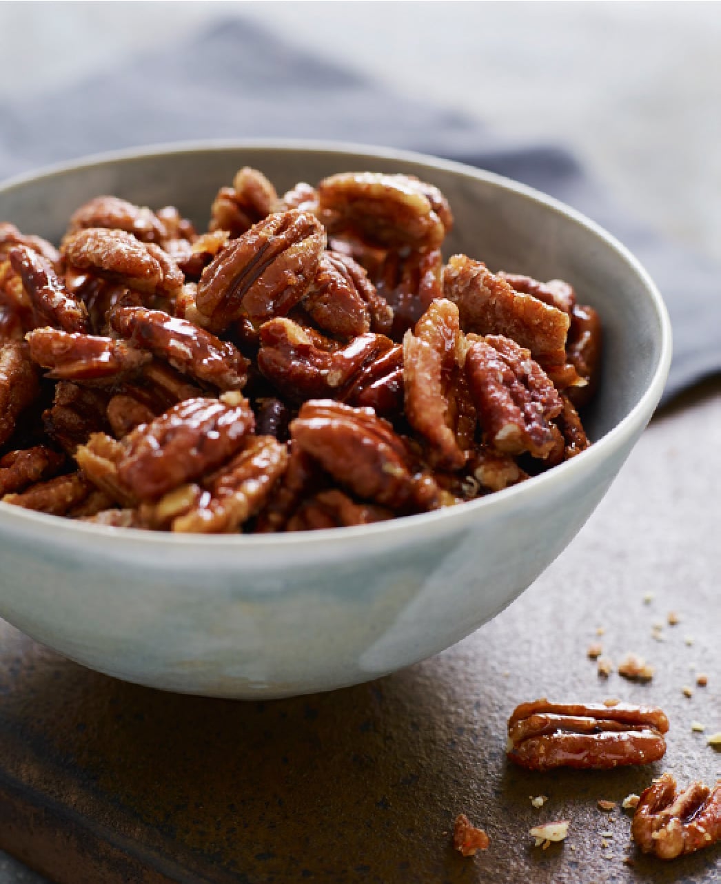 Bowl of candied pecans.