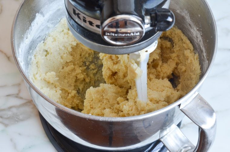 Stand mixer full of snickerdoodles dough.