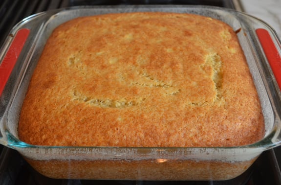 Banana cake in a baking pan.