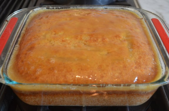Banana cake topped with toffee sauce.