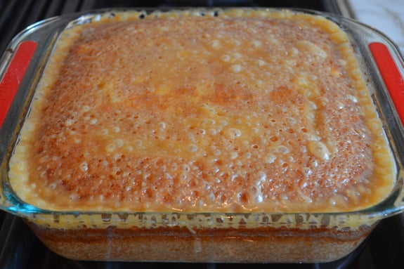Toffee sauce bubbling on a banana cake.