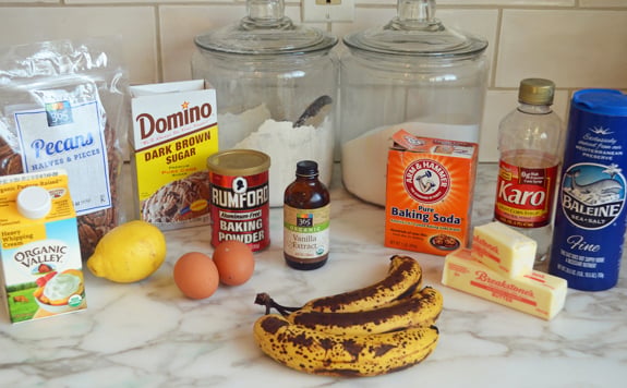 Cake ingredients including dark brown sugar, baking powder, and eggs.