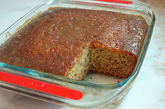 Banana cake missing a slice.