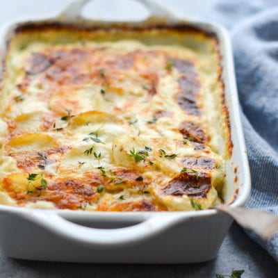 Casserole dish of potatoes au gratin.