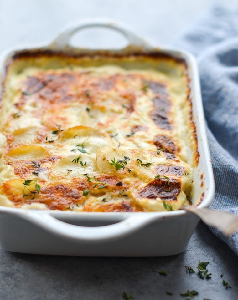 Casserole dish of potatoes au gratin.