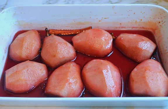 Baking dish of baked pears.