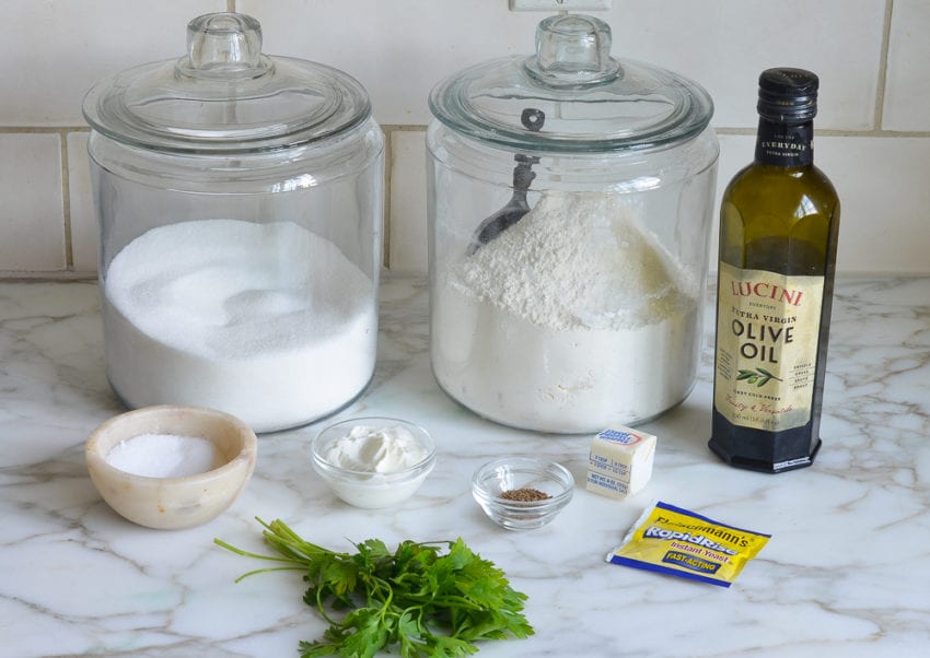 Naan ingredients including yeast, olive oil, and butter.