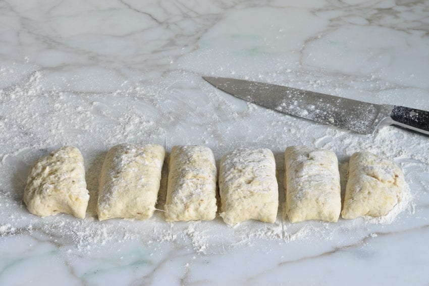 Knife with six pieces of dough.