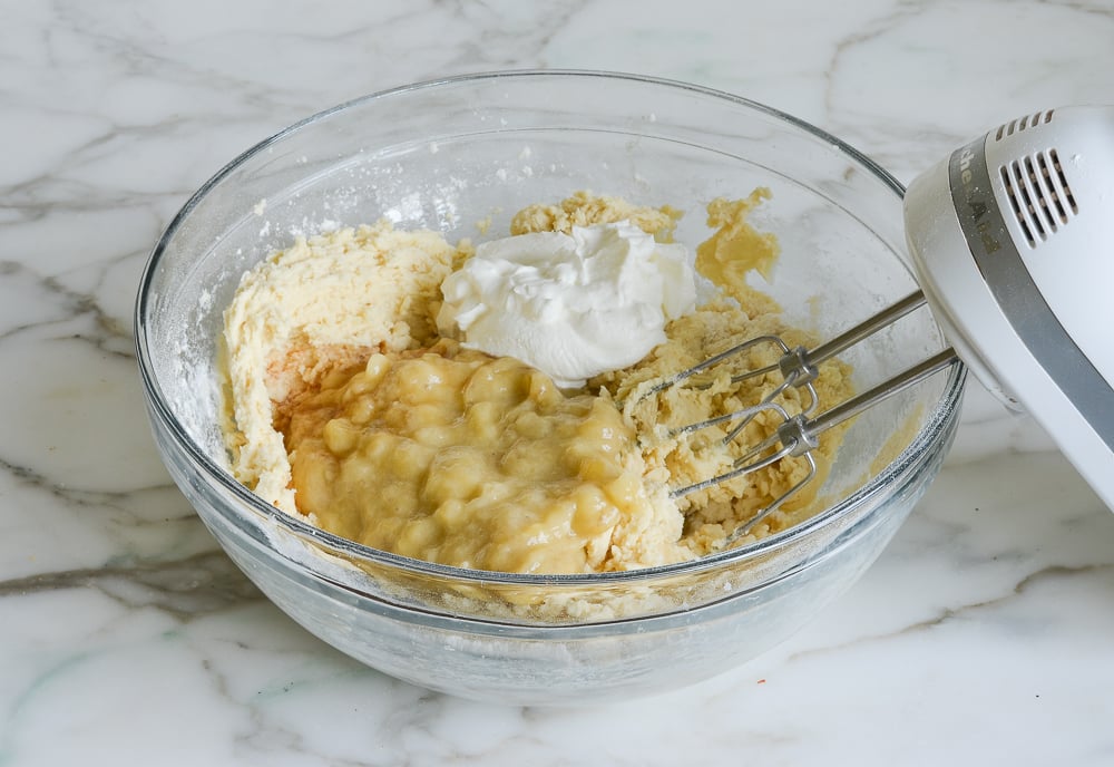 adding bananas, vanilla, and sour cream