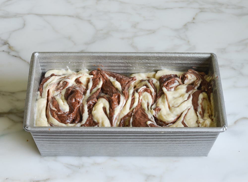 swirled batters in loaf pan