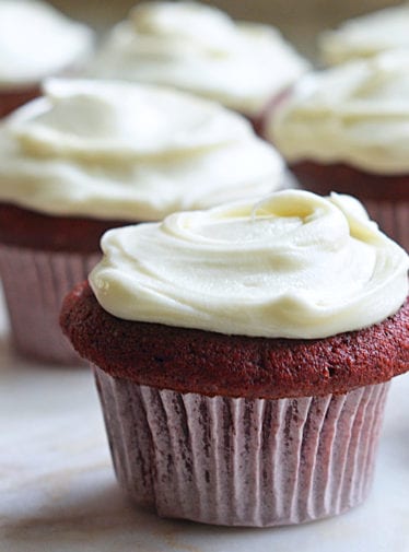 red velvet cupcakes on marble.