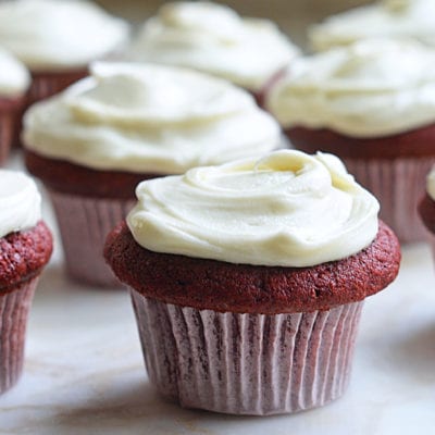 red velvet cupcakes on marble.
