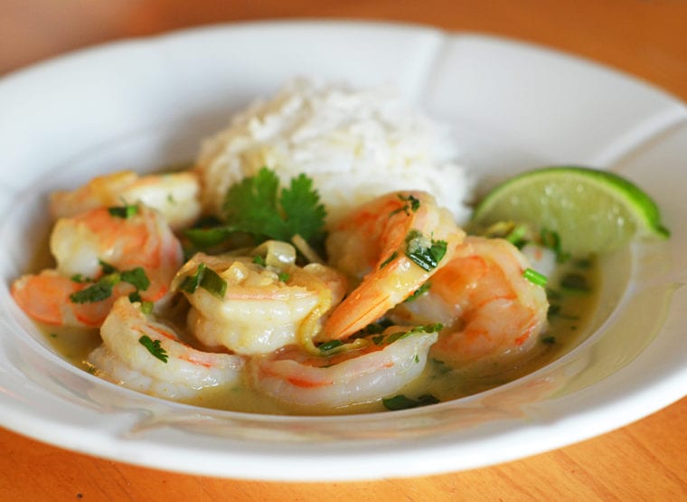 Bowl of shrimp curry with rice.