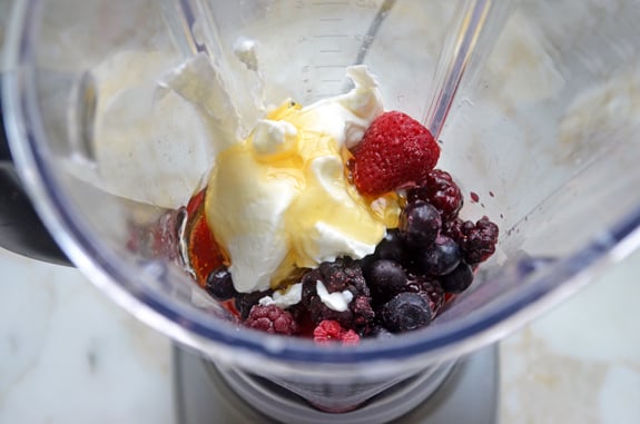Smoothie ingredients in a blender.