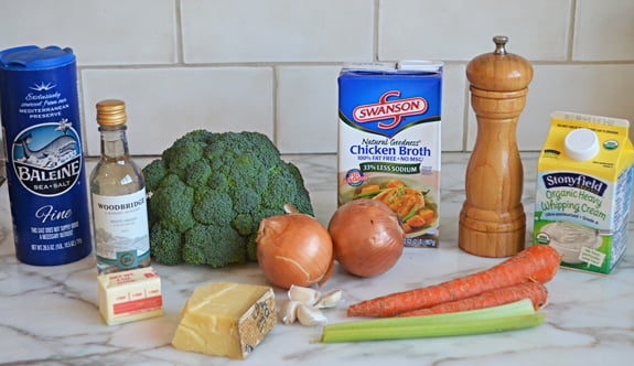 Soup ingredients including chicken broth, carrots, and celery.