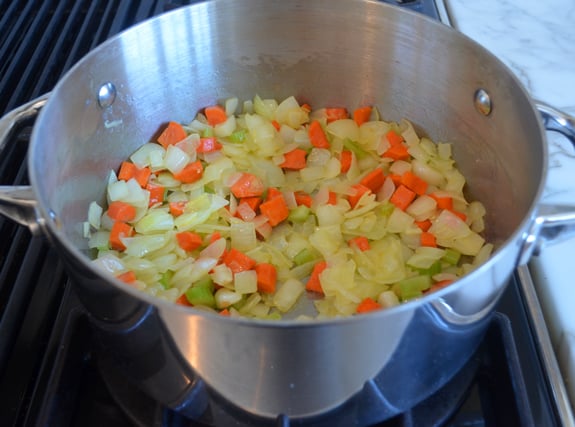 Pan of sauteed vegetables.