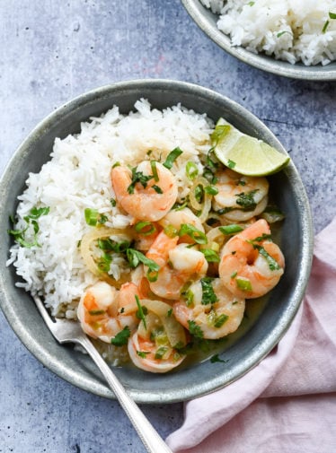 Bowl of Thai shrimp curry over rice.