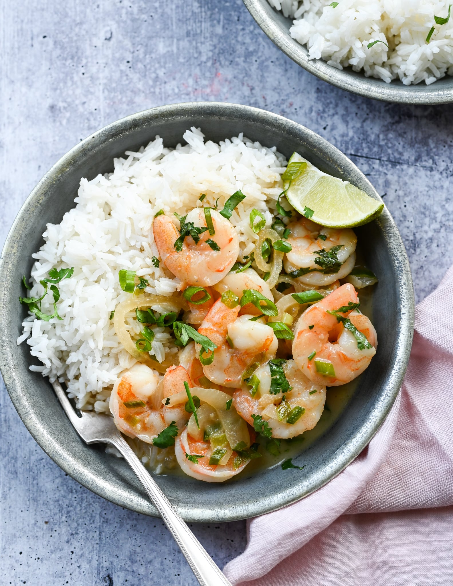 Bowl of Thai shrimp curry over rice.