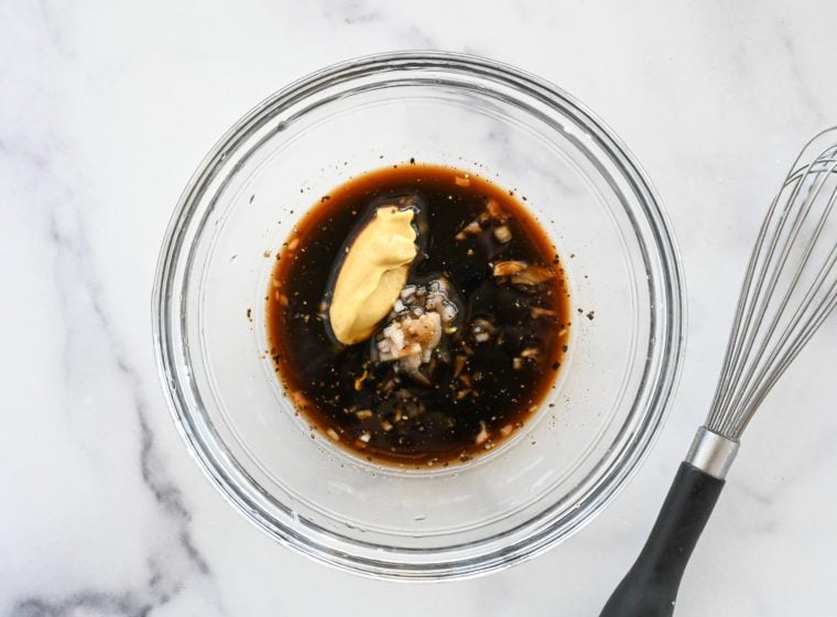 balsamic vinegar, mustard, shallot, garlic and seasoning in bowl