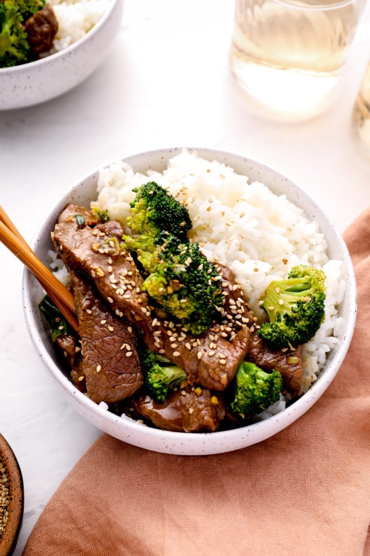 Beef and broccoli over rice.