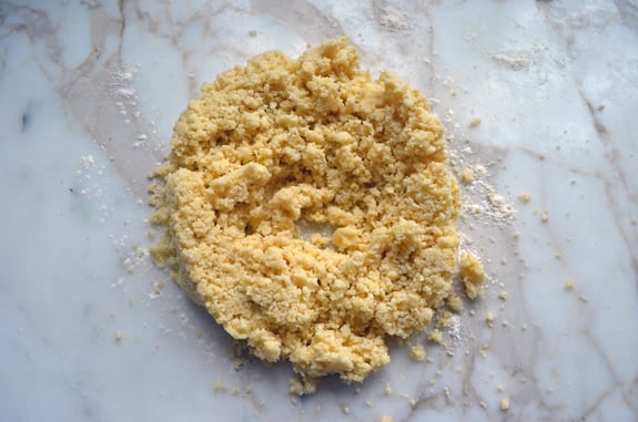 Pile of crumbly dough on a counter top.
