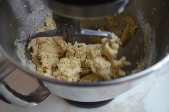 Dough in a stand mixer.